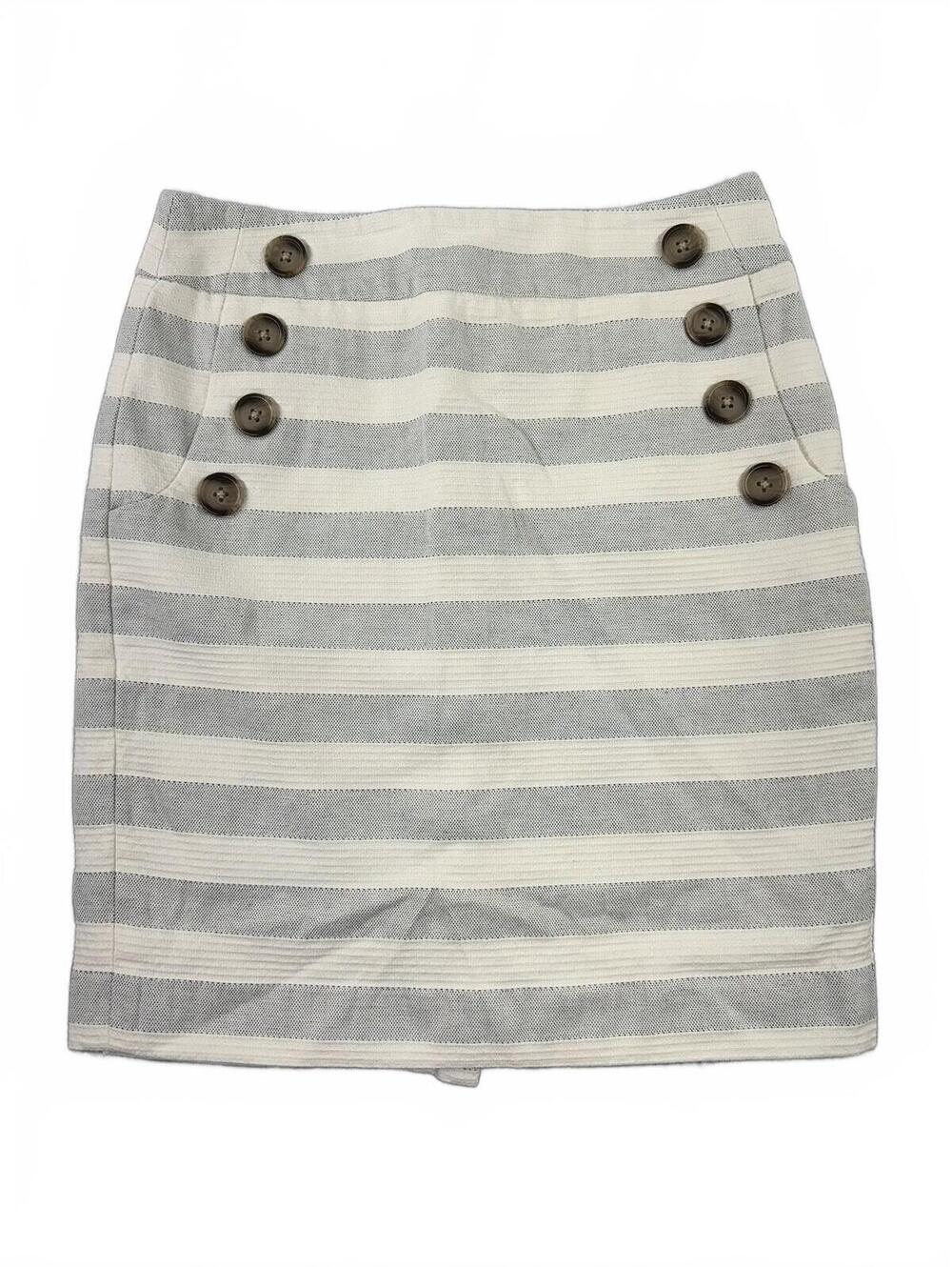 LOFT Petite Striped Button Front Pencil Skirt in Gray and Cream Preppy